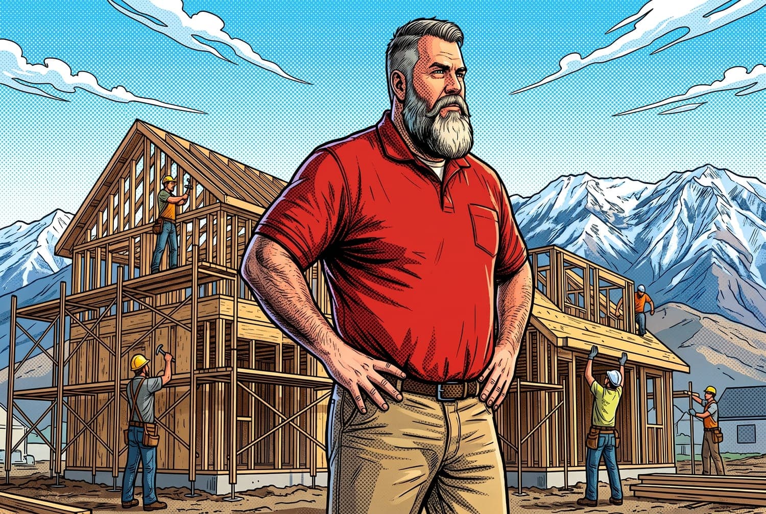 A seasoned contractor surveying a framed job site in the Mountain West foothills