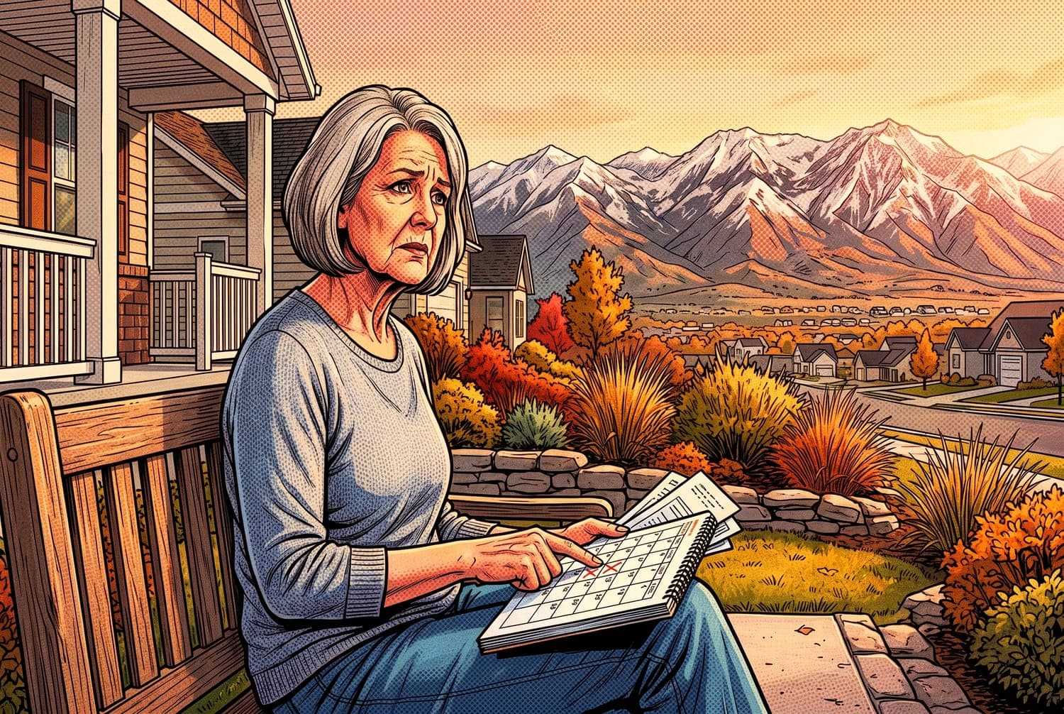 A homeowner on her porch in the Mountain West foothills, thinking through a sale